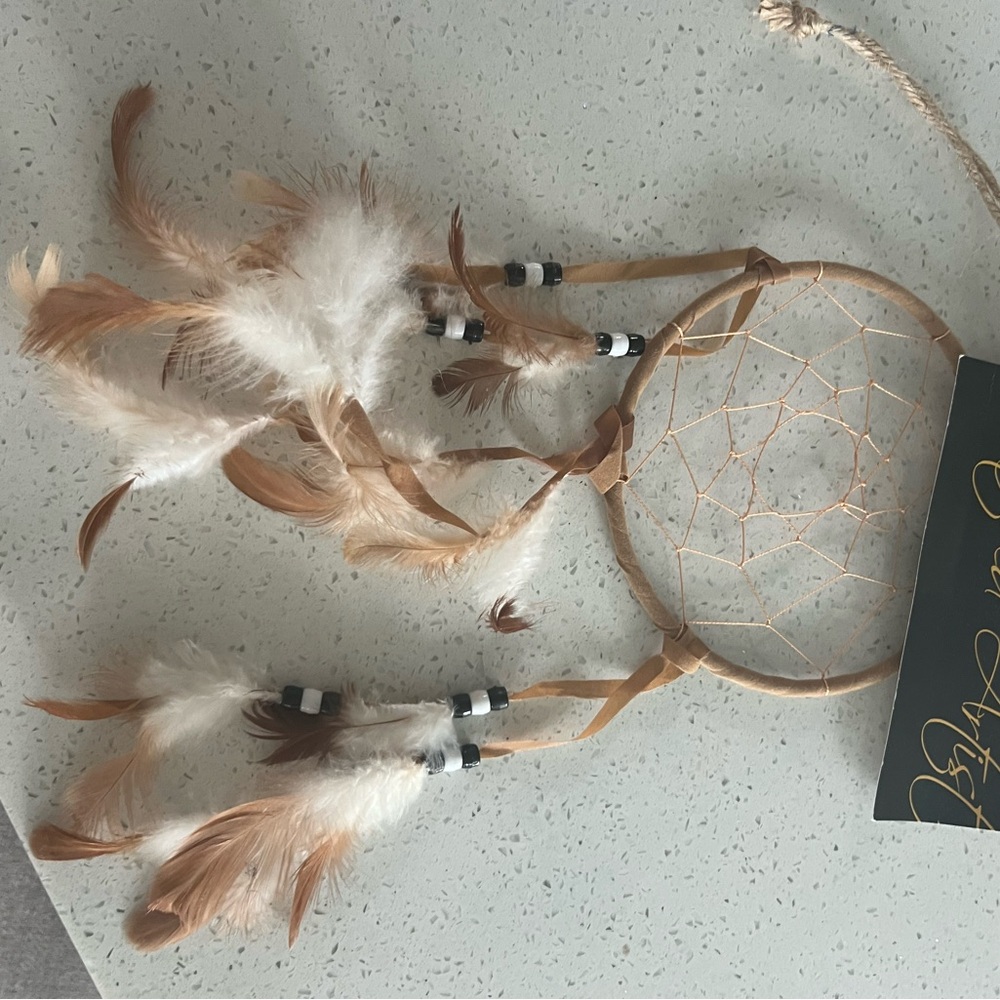 Dream Catcher with Feathers - Tan and White